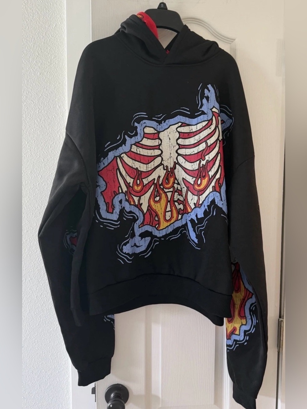 ROMWE Skeleton Rib Cage Flame Graphic Hoodie Black Y2K Streetwear M